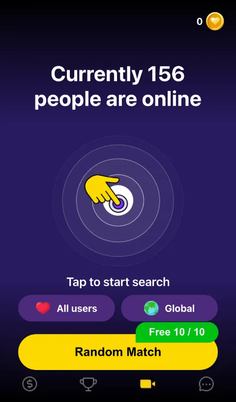 GoLive Chat main screen: Tap to start search, All users and Global filters, Random Match with 10 free matches