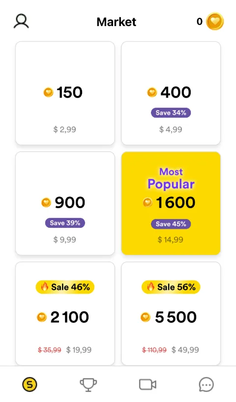 GoLive coin store: 150 coins $2.99, 400 $4.99, 900 $9.99, 1600 $14.99, 2100 $19.99, 5500 $49.99